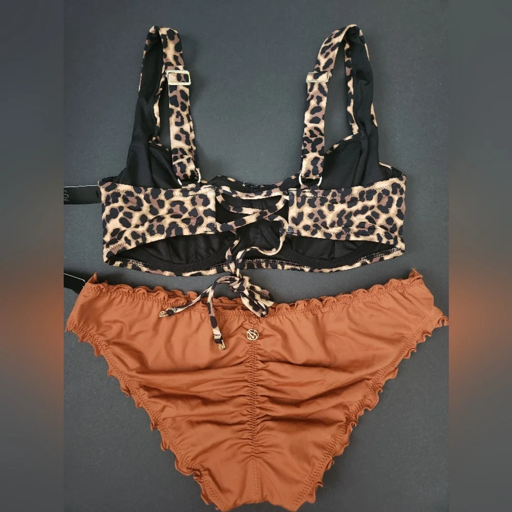 36DD/XL VS Swim Full Coverage Bikini Top Ruffle Cheeky Bikini Set Leopard